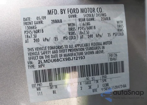 2009 Lincoln Mkx from USA, damaged, VIN 2LMDU68CX9BJ12193